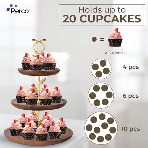 Perco 3 Tier Wooden Cupcake Stand, Walnut Wood Tiered Display Stand for 20 Cupcakes – Rustic Dessert Table Display Set, Tiered Serving Tray for Weddings, Birthdays, Baby Showers & Events - color: Walnut Wood