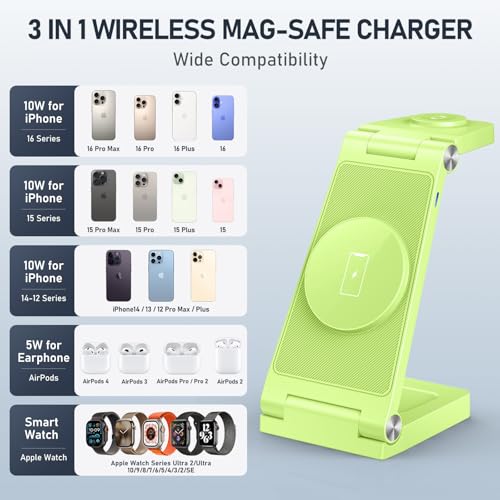 Magnetic Wireless Charger Stand, 3 in 1 Foldable Wireless Charging Station, Travel Charger for Multiple Devices for iPhone 15 14 13 12 Series, Apple Watch Ultra/SE/9/8/7/6/5/4/3/2, AirPods - color: Light Green