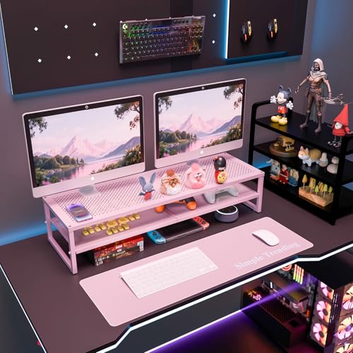 Simple Trending 2 Tier Metal Dual Monitor Stand Riser, Computer Office Desktop Organizer for 2 Monitors with 32"x10" Mouse Pad for Laptop, Printer, TV, Pink - color: Pink, size: 32"L x 10"W x 7"H