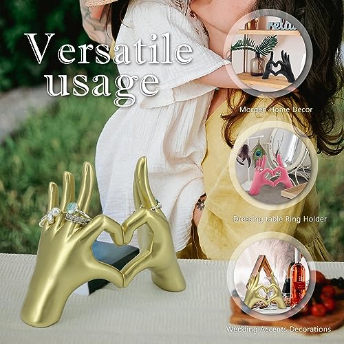Accessoryway Gold Heart Hands Decor Sculpture,Small Love Heart Gesture Decorative Sign Sculpture for Wedding Dresser Shelves Desktop Knick Knacks Home Decor & Ring-Holder Display Stand - color: Gold