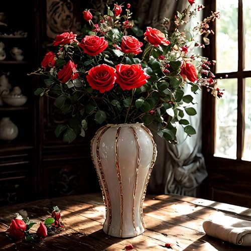 White and Gold Vases for Centerpieces,White Gold Ginger Jars for Home Decor,Large Gold Vases for Kitchen Counter,Vintage Vase with Lid,Birthday Anniversary (White Gold, 18 in +14 in) - color: White Gold-a, size: 18 in + 14 in