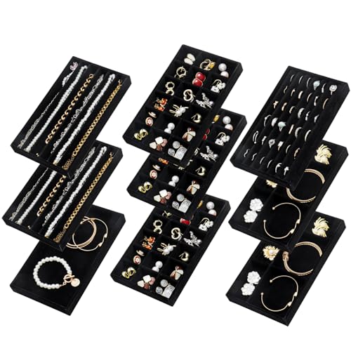 SPAKOWN Jewelry Drawer Organizer Inserts Set of 9, Jewelry Trays for Drawers Velvet Jewelry Organizer Tray Drawer Jewelry Organizers and Storage for Earring Ring Necklace Watch Bracelet (Black) - color: Black