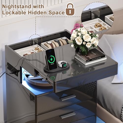 Treocho Led Nightstand with Hidden Space, Modern Night Stand with Charging Station, 3 Drawer Smart Nightstand with Glossy Finish, Tall Bedside Table with RGB Lights for Bedroom, Black - color: Black