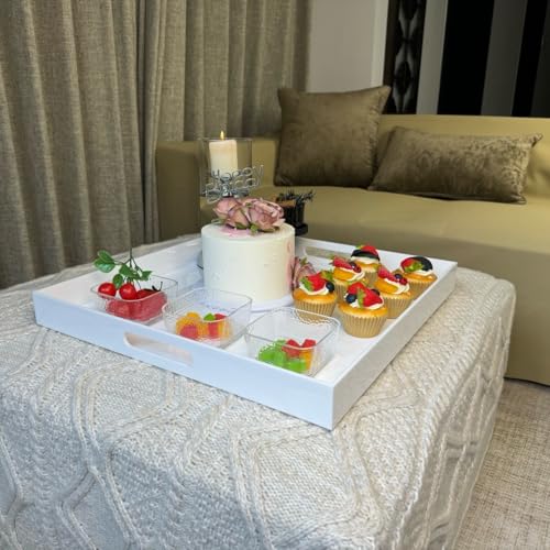 White Acrylic Large Ottoman Tray with Handles 18"x18"x2" Spill Proof Serving Tray Rubber Boot Organizer Tray Decorative for Living Room Bedroom Kitchen Entryway Coffee Table Countertop - color: White, size: 18" x 18" x 2"