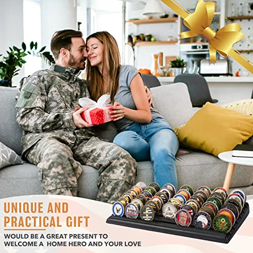 LIUYALO Military Challenge Coin Display Stand 6 Rows Stair Design Solid Wood Coin Holder Rack Gift for Military Army for Him Father Collectible Coins Holder Black Finish - color: black