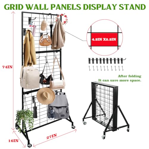 Heavy Duty Foldable Grid Wall Panels Display Stand 6FT x 2FT, 1-Pack Grid Panel Wire Grid Display Rack with Braked Wheels & 20 Hooks, No Tools Setup Gridwall for Art Fairs, Craft Shows & Home Storage