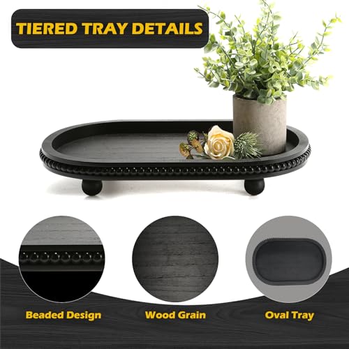 SYNCVIBE Wooden Decorative Tray for Home Decor, Beaded Black Oval Tray Decor for Coffee Table, Rustic Wood Serving Trays Farmhouse Centerpieces for Living Room Kitchen Counter (Black Oval) - color: Black