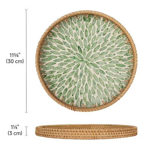 StorageWorks Decorative Coffee Table Trays for Home Decor, Round Rattan Tray with Mother of Pearl Inlay, Small Wicker Woven Serving Tray Decor for Kitchen Counter, Living Room and Ottoman, Green - color: Green Leaf, size: 11.8"