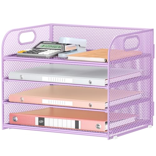 Lavatino 4-Tier Paper Organizer Trays - Purple Mesh File Folder Sorter with Handles, Desk Letter Holder Organizer for Office, Home, School Supplies Storage & Organization - color: 4 Tier - Purple