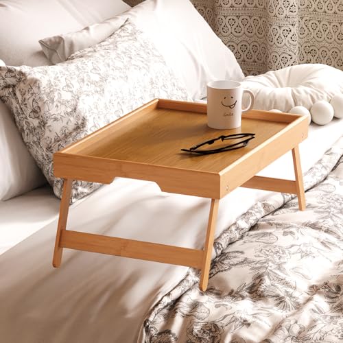 Fibogollo 4 Pack Bamboo Bed Tray Table with Folding Legs,Breakfast Trays,Serving Tray for Food and Snack,Laptop Trays for Working(Natural) - color: Natural, size: 4 PC