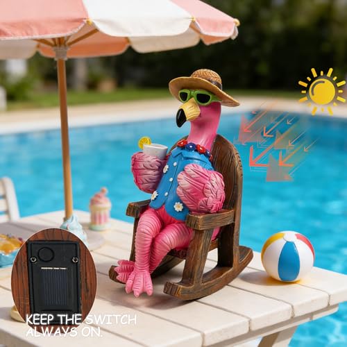 LIULO TOOL Solar Flamingo Figurines Garden Decor, Light Up Resin Flamingo Sitting on Chair Statue, Waterproof Outdoor Patio Sculpture, Cute Solar Powered Yard Decoration for Lawn Home Gift