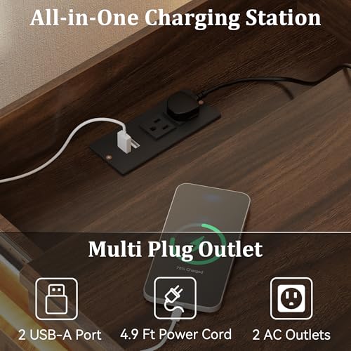 Nightstand with Hidden Compartment & Charging Station, Vintage Bedside Table with LED Lights, Night Stand with 4 Storage Drawers, Large Modern Nightstands Wood End Table for Living Room (Walnut)