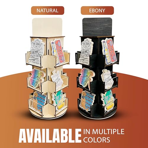 Rotating Display Stand, 3 Tier Wooden Organizer, 4-Sided Display Rack, 360 degree Spinning Multi-Pocket Tabletop Display Stand for Coasters, Stickers, Retail, Showcase, Tradeshow, 17”H, Natural - style: NATURAL