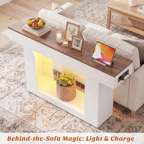 Homieasy Console Table, 47" Entryway Table with LED Lights & Charging Station, Farmhouse Wooden Sofa Table Behind Couch, Narrow Hallway Table for Living Room, Foyer, Entry, Antique White & Brown - color: Antique White & Brown, size: 47.2"