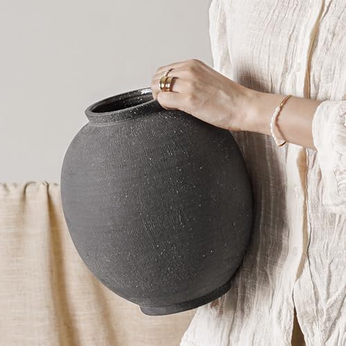 Large Blak Ceramic Vase - 9.8 Inch Rustic Farmhouse Flower Vase for Home Decor, Minimalist Tall Vases for Living Room, Table, Bathroom, Holiday & Weddings,Sandstone Dark Grey - color: Sandstone Dark Grey, size: 9.8 inch