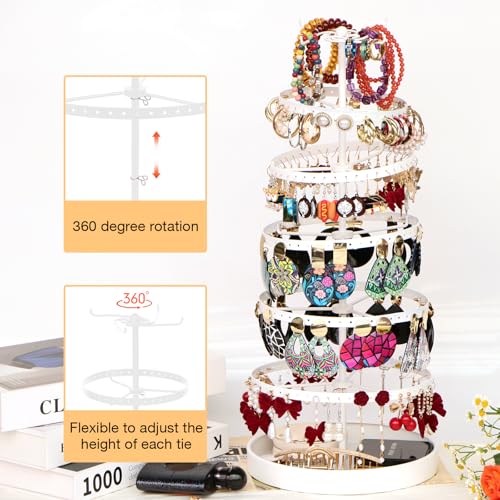 17Dec 6 Tier Rotating Jewelry Organizer Stand, 230 Holes Earring Holder Organizer for Women Girls, Spinning Earring Tree with Ring Holder, Wide Base for Bracelets Watches Lipstick - color: Metal,6-Tier,White