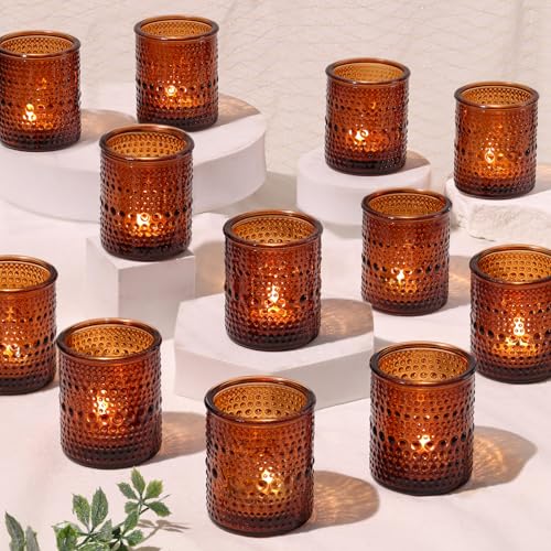 30 Pcs Amber Votive Candle Holders, Amber Glass Candle Holder with Polka Dot Embossed, Vintage Votive Candle Holders for Boho Weddings, Home Decor, Baby Shower, Special Occasions - color: Amber