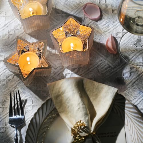 Letine 10pcs Frosted Silver Ribbed Star Candle Cups - Assorted Height Tea Light Candle Holders, Mercury Glass Votives for Wedding, Fall Table Centerpiece& Holiday Decorations (Tall 2.44", Short 1.57") - color: Frosted White, size: 10pcs