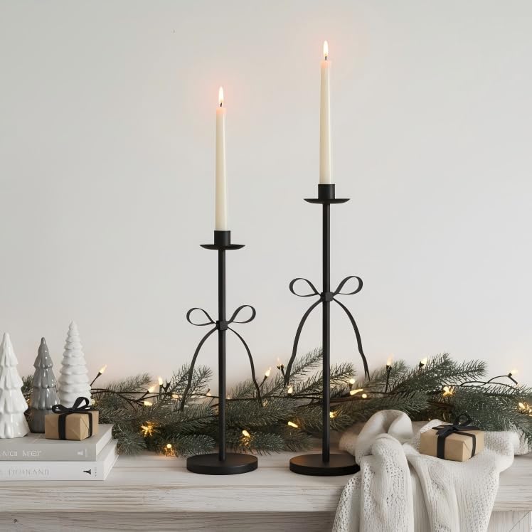 Black Taper Candle Holder Set of 2-Metal Bow Candle Sticks Holder Decor,Modern Tall Candle Holder,Decorative Candlesticks for Fireplace, Wedding, Holiday & Christmas - color: Black