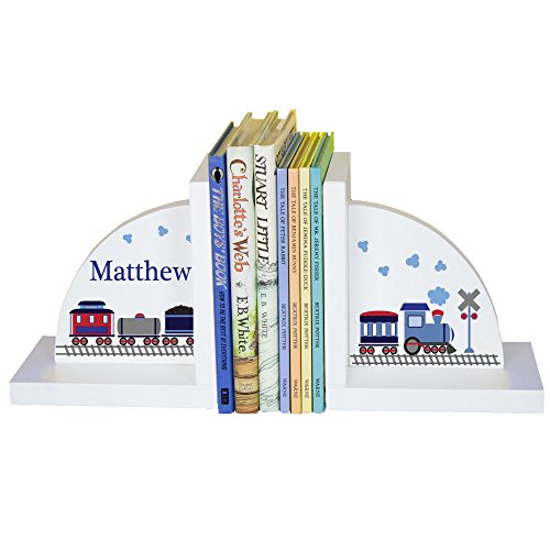 My Bambino Personalized Bookends for Kids | Bookends White Wood Book Ends for Children's Books (Train) | Custom Name Book Ends | Nursery & Kids Room Gift - color: Train