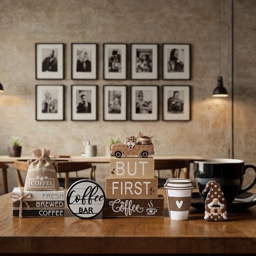 Vercraft 11 Pcs Coffee Bars Table Decorations Coffee Tiered Tray Decor Farmhouse Table Centerpiece Wooden Books Home Tabletop Decor for Home Kitchen - style: Coffee