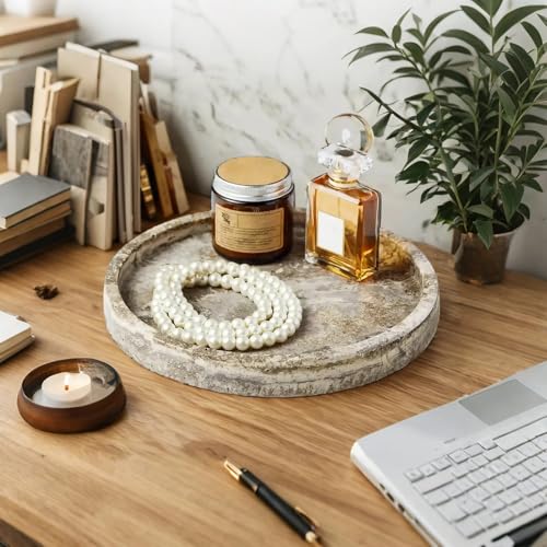 Round Marble Vanity Tray, Gray Travertine,Natural Marble Stone Decorative Tray for Counter, Bathroom, Kitchen, Dresser, Nightstand or Coffee Table, Home Decor(NS024) - color: Gray Travertine