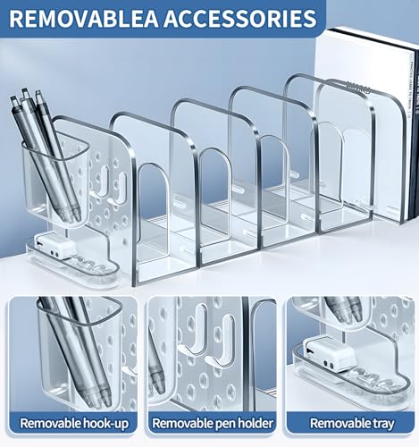 Clear Bookends, 12.8" Removable Book Ends for Heavy Books, 3 Dividers Bookends with Removable Pen Holder, Tray, and 2 Hook-up, Book Organizer for Office, School, Bookstore, Home - color: Clear