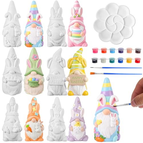 Arrowbash 6 Pcs Easter Ceramics to Draw Ready to Paint Your Own Gnome Statues 5.12 Easter Egg Rabbit Theme Paintable Figurines DIY White Ceramics Plaster Crafts Kit with Brush Palette - style: Easter