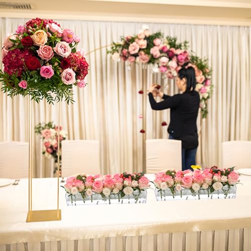 4 Pack Clear Acrylic Flower Vase Centerpiece for Dining Table,63.2 Inch Rectangular Floral Low Vases with 64 Holes for Dining Table Modern Flower Arrangement for Home Decor or Weddings - size: 4Pcs
