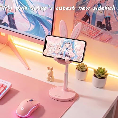 OATSBASF Cute Bunny Phone Stand, Adjustable Pink Cell Phone Holder for Desk, Weighted Base Kawaii Desk Accessories, Aesthetic Room Decor Gift for Women/Girls/Kids, Compatible with All Phones - color: Pink