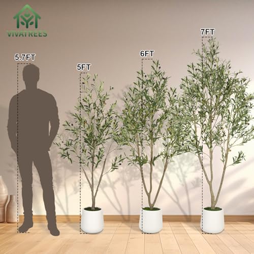 VIVATREES Olive Trees Artificial Indoor, 5FT Tall Faux Olive Tree with White Tall Planter, Artificial Plants with Natural Wood Trunk and Lifelike Fruits for Home Office Decor - color: White-5ft