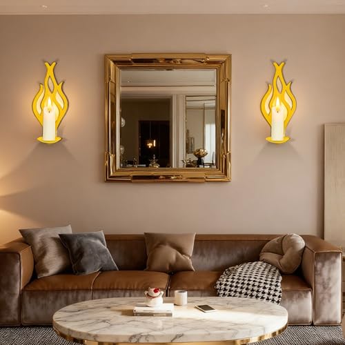 Wall Candle Sconces Set of 2, Modern Minimalist Metal Candle Holders for Pillar, Tealight, and LED Candles, Flame-Shaped Decorative Wall Decor for Living Room Dining Room (Golden Yellow) - color: Golden Yellow Flame-shaped