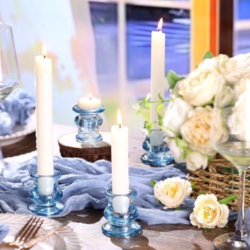 NITIME 12pcs Blue Candlestick Holders, Blue Glass Candle Holders for Pillar Candles, Taper Candle and Tealight Candles, Taper Candle Holders for Wedding, Table Centerpiece - color: Blue