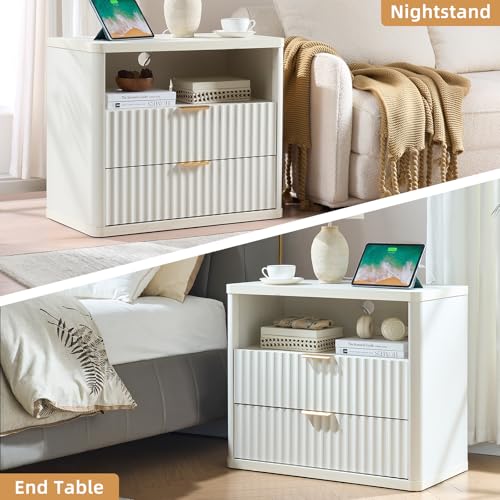 LEYAOYAO 31" Wide Fluted Nightstand with Charging Station, Oversized Extra Large 2 Drawers Night Stand,White Wood Bedside Table,Tall Bed Side End Tables,Modern Chest of Drawers Dressers for Bedroom - color: White, size: 2 Drawers