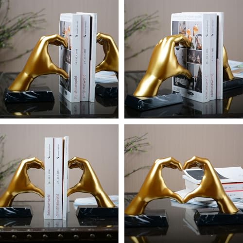 HAUCOZE Decorative Book Ends Heart Hand Statue Sculpture Modern Home Decor Table Centerpiece Gift for Office Bookshelf Gold 12.2 Inch - color: Gold