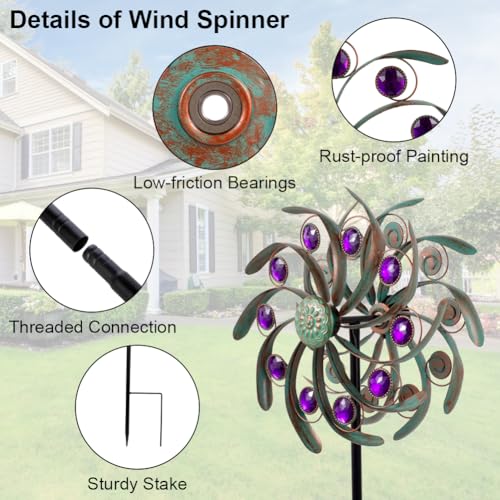 Viveta Outdoor Wind Spinners, 13" Metal Wind Sculpture with Stable Stake, Double-Sided Windmill,Wind Spinner for Yard and Garden - color: 2-green Purple
