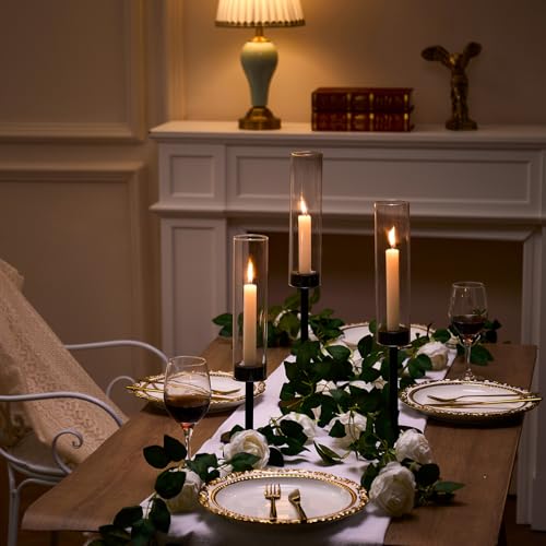 Black Hurricane Glass Candle Holders Set of 3, Tall Metal Taper Candle Stick Holder, Clear Candlestick Holders, Table Centerpieces Decor for Dining Dinner, Weddings, Christmas Fireplace Decorations - color: Black