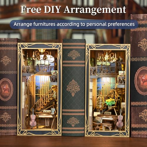 MiniCity DIY Book Nook Kit for Adults, 3D Wooden Puzzle Bookend Bookshelf Insert Decor with LED Light and Dust Cover (Pianist with Nightingale) - style: Pianist with Nightingale