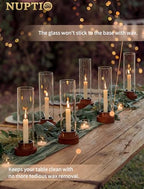 NUPTIO Dripless Taper Candle Holders with Wax Catchers for Easy Cleaning: Set of 2 Hurricane Glass Candlestick Holders with Metal Bobeches - Brown Wood Modern Wedding Table Centerpiece - color: Caramel