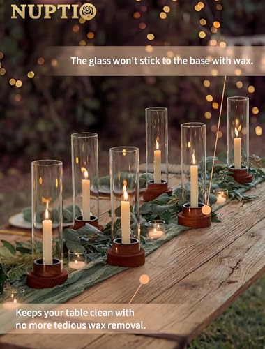 NUPTIO Dripless Taper Candle Holders with Wax Catchers for Easy Cleaning: Set of 2 Hurricane Glass Candlestick Holders with Metal Bobeches - Brown Wood Modern Wedding Table Centerpiece - color: Caramel