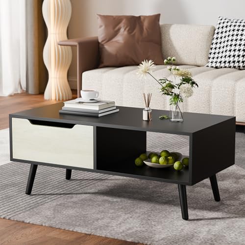 Cozy Castle Modern Coffee Table, Wooden Cocktail Table with Storage, Minimalist Hallway Table, Mid Century Modern Coffee Table for Living Room Apartment Reception, Black - color: Black
