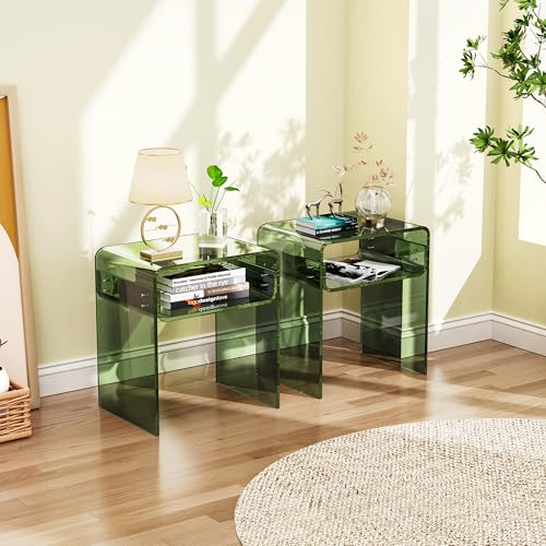 Clear Acrylic End Table 2-Tier Bedside Nightstand for Living Room Bedroom (1, Green Double) - color: Green Double