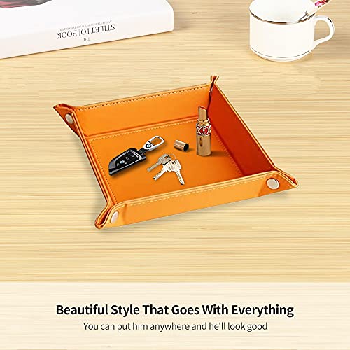 YAPISHI Key Dish Bowl for Men, Entryway Catchall Holder Bedside Table Valet Tray for Pocket Stuff, PU Leather Nightstand Organizer for Dice/Coins/Wallet/Watch/Rings/Sunglasses, Dresser/Coffee Table - color: Orange
