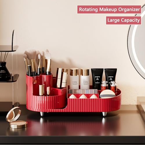 Rotating Makeup Organizer for Vanity with Brush Holder, Cosmetic Makeup Storage Organizer, Large Spinning Makeup Skincare Organizer, Countertop Makeup Perfume Organizer, Lotions Display Case Red - color: Red