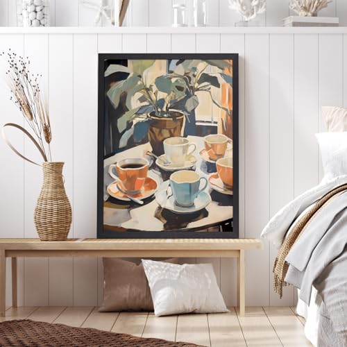 GELDSTEI Wood Framed Coffee Wall Art, Vintage Cafe Aesthetic Picture, Cafe Bar Canvas Painting, Retro Coffee Poster Print, Modern Rustic Wall Decor for Kitchen Dining Room Ready to Hang 12x16 Inch - color: Orange-Blue(Wood), size: 16"L x 12"W