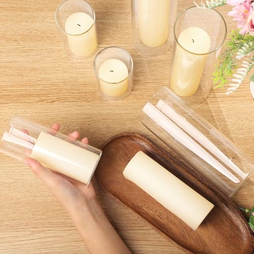 Shihanee Set of 12 Pillar Candles and Glass Cylinder Vases Assorted Sizes Cylinder Holders for Pillar Candles Home Table Centerpieces Wedding Party Decorations (Ivory) - color: Ivory