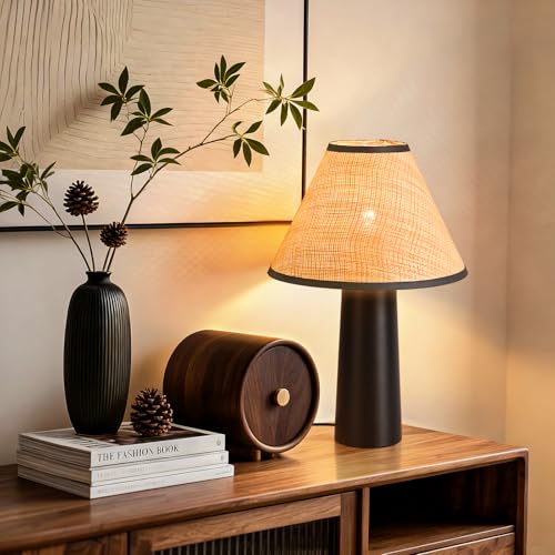 Matte Black Rattan Table Lamp for Bedroom, Modern Wicker Lamps for Bedside Nightstand, Small Table Rattan Shape Lamps for Small Spaces for Kitchen Counter, Home Office, Living Room, Kids Dorm - color: Black