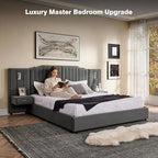 Luxury Queen Size Bed Frame with LED Lights and Nightstands, Modern Velvet Upholstered Platform Bed Frame with Oversized Headboard, Buttons Around, No Box Spring Needed, Grey | Breathable material - color: Grey-velvet, size: Queen