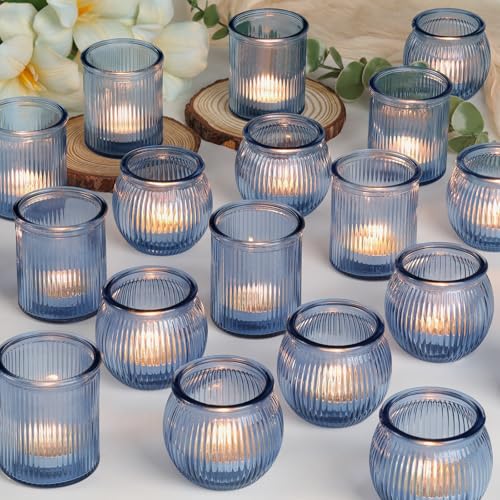 NITIME 48pcs Assorted Blue Votive Candle Holders for Wedding Decor, Ribbed Glass Tea Lights Candle Holder, Blue Candle Holder for Table Centerpiece, Party and Holiday Decorations - color: Blue