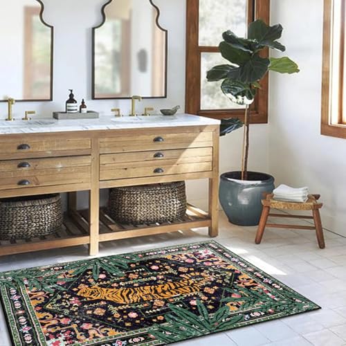 Oriental Tropical Entryway Rugs Washable, Thin Black Boho Vintage Distressed Hippie 2x3 Throw Rugs for Bathroom Kitchen Indoor Doormat Non-Slip Abstract Botanical Tribal Indian Accent Carpet - color: Black, size: 2' x 3'